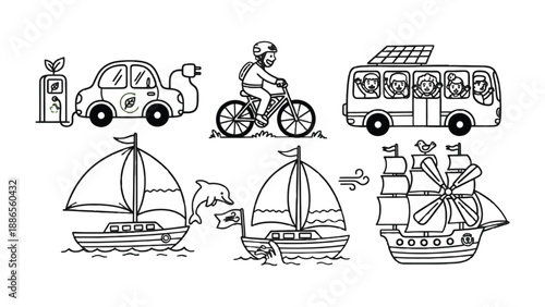 Eco-Friendly Transport: A collection of various eco-friendly means of transport, promoting a sustainable and clean environment.