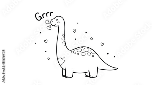 Adorable long-necked dinosaur sketch featuring a brontosaurus with heart patterns and small stars breathing out a gentle growl.