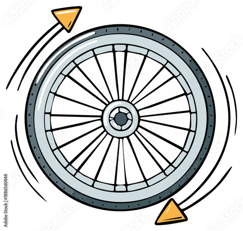 Spinning bicycle wheel with tire and spokes and arrows indicating rotation or movement