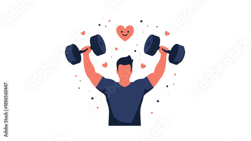 Strong male silhouette lifting heavy dumbbells over his head surrounded by small hearts and a large smiling heart in the center.