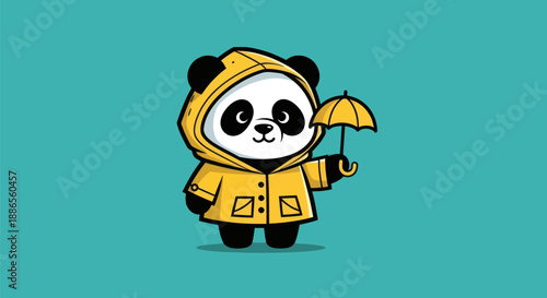 Cartoon panda in yellow raincoat and umbrella