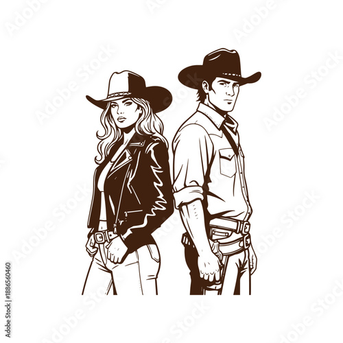 Cowboy couple standing back to back with guns