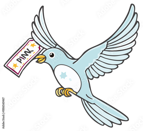 Cute cartoon messenger bird flying with a special pink ticket announcement illustration