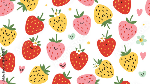 Vibrant seamless pattern of cheerful strawberries in red, yellow, and pink colors with cute faces and tiny flowers on a white background.
