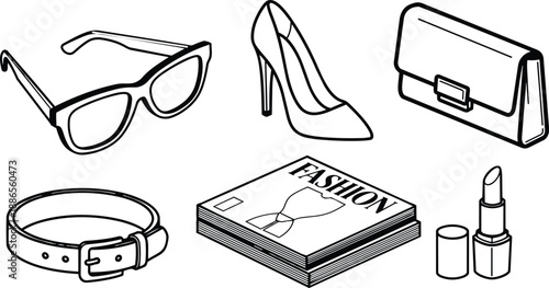Line art fashion accessory set top view sunglasses high heel shoe clutch bag belt fashion magazine lipstick arranged isolated clean black and white vector minimal outline