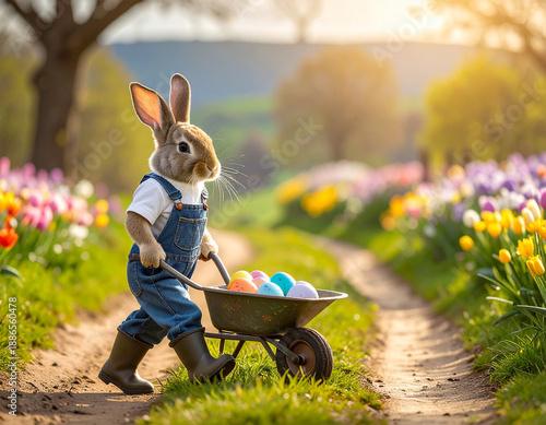 Osterhase in Latzhose schiebt ein Schubkarre mit Ostereier über einen Feldweg