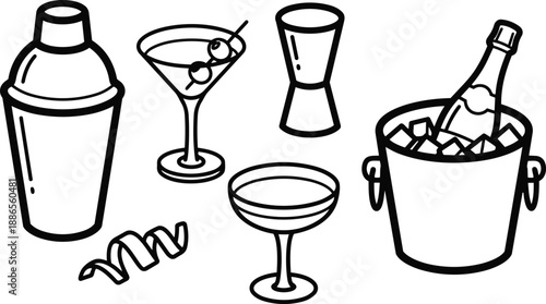 Line art vector close up cocktail bar tools martini coupe martini glass shaker jigger bottle in ice bucket spiral citrus peel isolated on white background simple