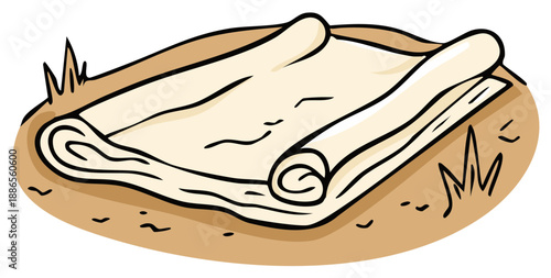 Rolled antique paper scroll resting on natural ground with sparse grass cartoon drawing