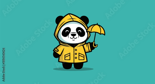 Cartoon panda in yellow raincoat and umbrella