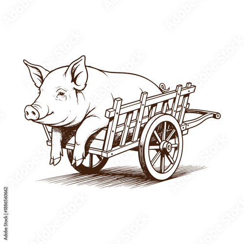 Pig riding in a wooden cart with wheels