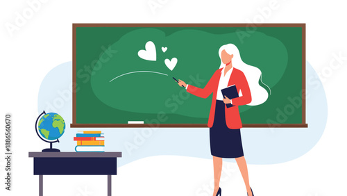 Professional female teacher with white hair standing in front of a green chalkboard holding a book and writing with chalk.