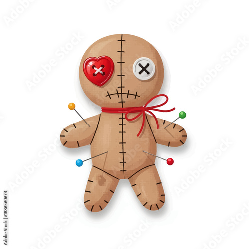 A brown voodoo doll with a red heart, button eye, stitches, and colorful pins stuck into its body, isolated on white.