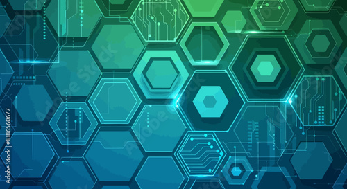 A futuristic network of interconnected hexagons and circuits, showcasing technology and innovation from a top-down viewpoint, highlighting complexity and advanced systems.