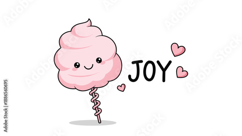Cheerful pink cotton candy illustration featuring a smiling face and the word joy written in bold black capital letters.