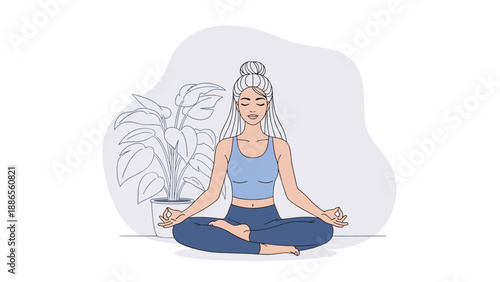 Peaceful woman in a blue yoga outfit meditating in a lotus pose with a large potted plant and a soft grey background.