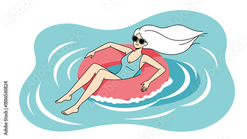 Relaxed woman with long white hair and sunglasses floating on a red swim ring in clear blue water with gentle waves.