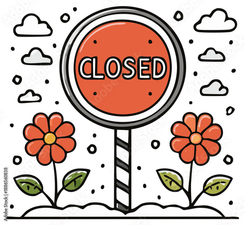 Orange Closed Sign with Flowers and Clouds in Whimsical Hand-Drawn Style