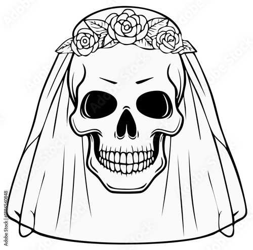 Skull in a bridal veil adorned with a rose flower crown, black and white line art illustration.