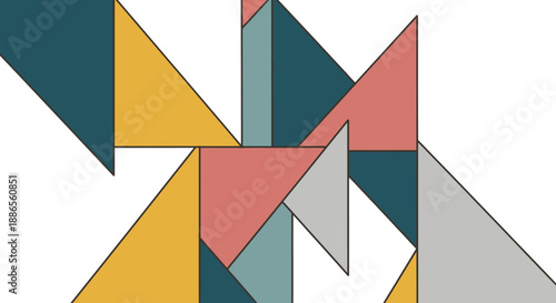 Geometric shapes intersecting in a dynamic, abstract composition, viewed from directly above, featuring various colored triangles