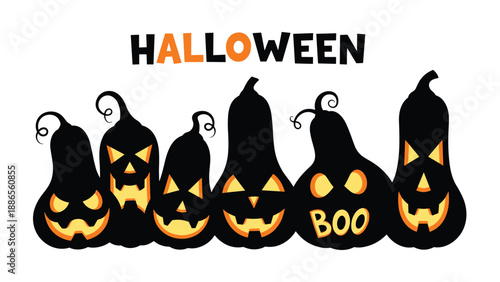 Group of various black pumpkin silhouettes with glowing orange scary faces and the word Halloween written above them.