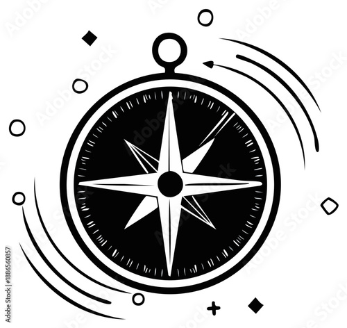 Stylized Compass Rose Navigation Design, Black and White Illustration, Directional Graphics