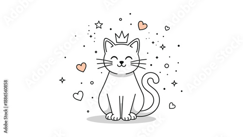 Sweet white cat wearing a small gold crown surrounded by tiny hearts, stars, and magical sparkles on a white background.