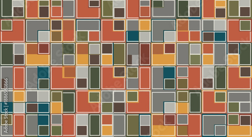 Geometric pattern of colored squares in a grid arrangement, showcasing a mix of shapes and hues in a mosaic design, viewed from directly above.