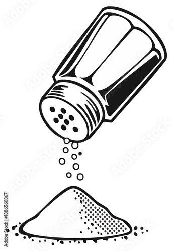 Black and white illustration of a salt shaker pouring spices onto a pile.