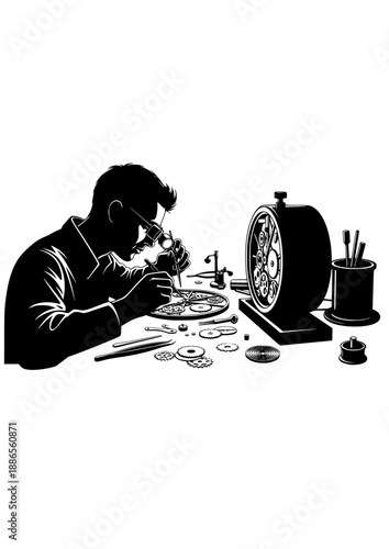 Watchmaker Repairing Clock Silhouette, Precision Craftsmanship and Horology Hobby, Skilled Artisan Working with Tiny Tools Vector