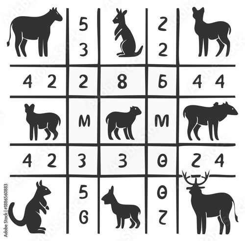 Animal Silhouette Grid with Numbers and Symbols Illustration