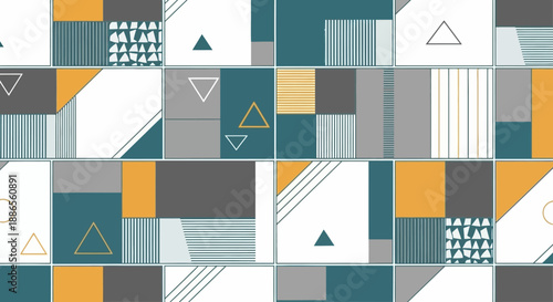 Geometric patterns and shapes in a modern abstract design composition featuring various triangles, squares, and rectangles in shades of teal, gray, and yellow
