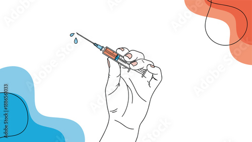 Detailed line drawing of a hand holding a medical syringe with drops of fluid and colorful abstract shapes in the corners.