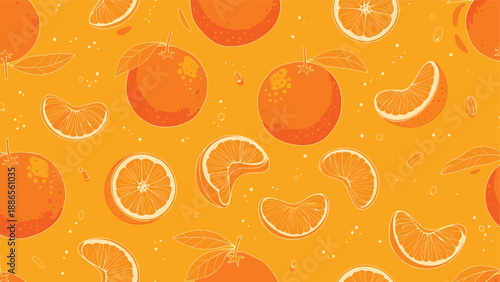 Bright and cheerful citrus pattern of whole oranges, orange slices, and green leaves on a warm yellow-orange background.