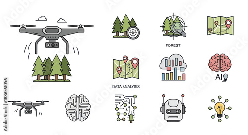 Drone Icon: Modern Unmanned Aerial Vehicle with Camera Flying Above Trees.