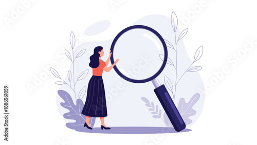 Curious woman in a red top and black skirt holding a massive magnifying glass to inspect a field of abstract blue plants.