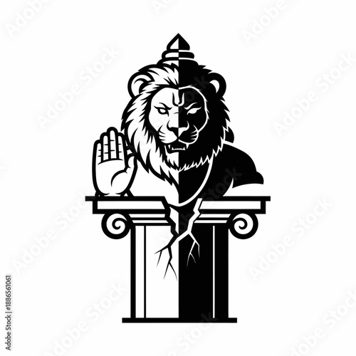 Stylized black and white illustration of a fierce lion head with a crown and a raised hand, resting on a cracked classical column, depicting a powerful mythological figure.