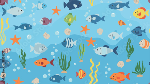 Colorful underwater pattern featuring many different kinds of fish, starfish, seashells, and green seaweed on a blue ocean background.