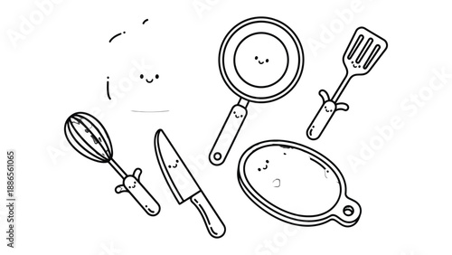 Cute Kitchen Tools: A playful illustration of essential cooking utensils, each with a charming expression, creating a sense of joy and approachability in the kitchen.