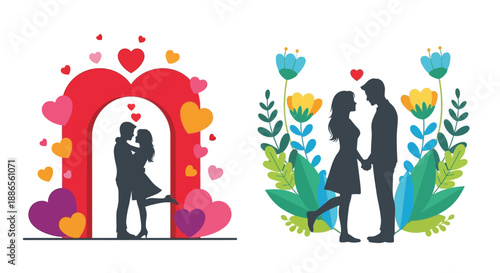 Romantic silhouettes of couples embracing within heart and floral frames