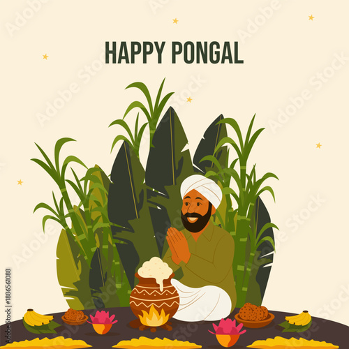 A festive illustration of a farmer praying beside a boiling Pongal pot, surrounded by sugarcane, fruits, and offerings, celebrating gratitude, harvest, and tradition during the South Indian Pongal fes