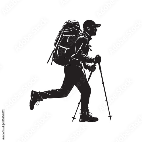 Hiker with backpack and trekking poles