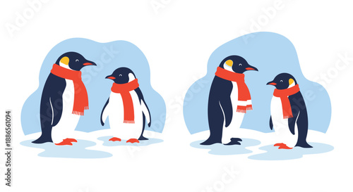 Four adorable penguins wearing red scarves in a snowy landscape