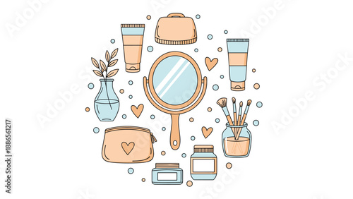 Circular arrangement of skincare and makeup essentials including mirrors, brushes, and cosmetic bags in soft pastel tones.