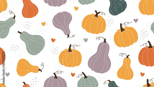 Beautiful seamless pattern of colorful autumn pumpkins and squash mixed with small hearts and decorative dots on white.