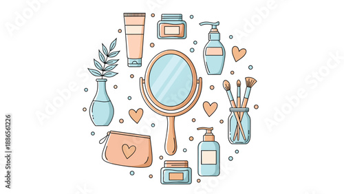 Assortment of beauty products and cosmetic accessories arranged in a circular flat lay composition on a clean white background.