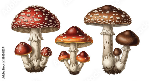 A vintage botanical illustration depicting a variety of colorful spotted mushrooms