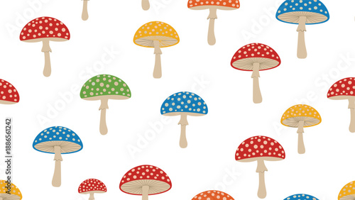 Colorful seamless pattern showcasing various polka dotted mushrooms in red, green, yellow, and blue colors on a plain background.