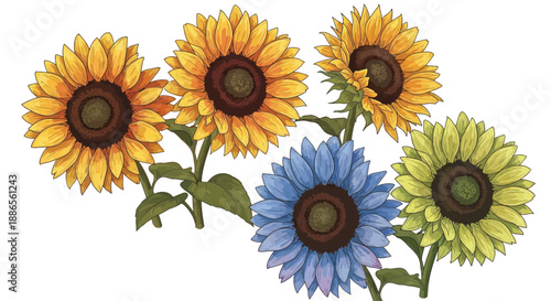 A colorful arrangement of sunflowers in various shades and hues