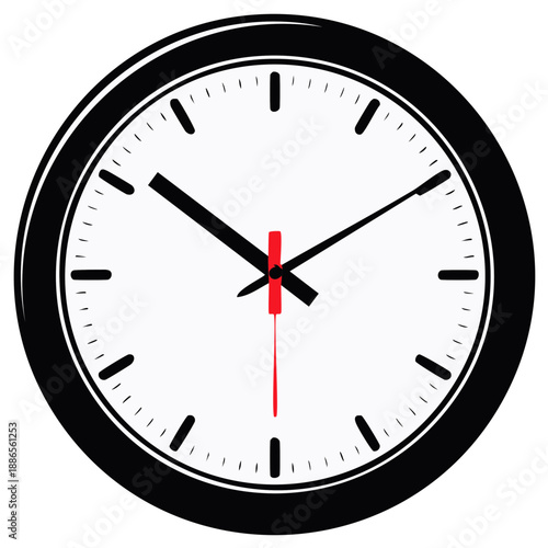 Classic round wall clock depicting time, featuring black rim, minute markings, and red second hand illustrating timeliness