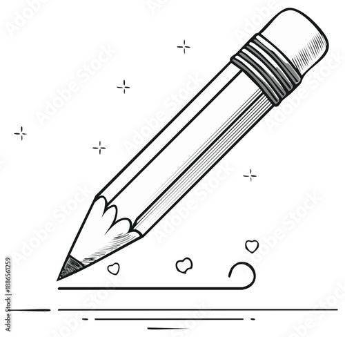 Pencil illustration with eraser drawing line and decorative shapes representing creative process and artistic design